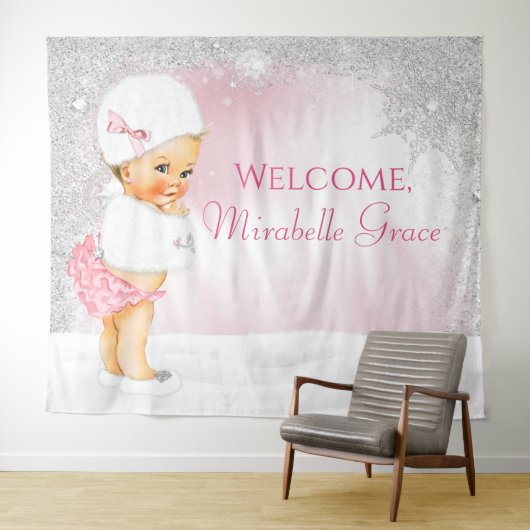 Meisje Roze Winter Wonderland Baby shower Achtergr Wandkleed (In Situ (horizontaal))