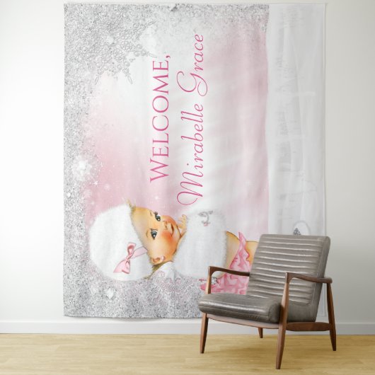 Meisje Roze Winter Wonderland Baby shower Achtergr Wandkleed (In situ)