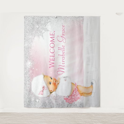 Meisje Roze Winter Wonderland Baby shower Achtergr Wandkleed (Voorkant)