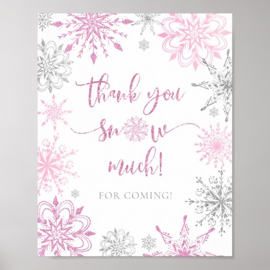 Meisje roze zilveren sneeuwvlokken Dank u sneeuw v Poster (Voorkant)