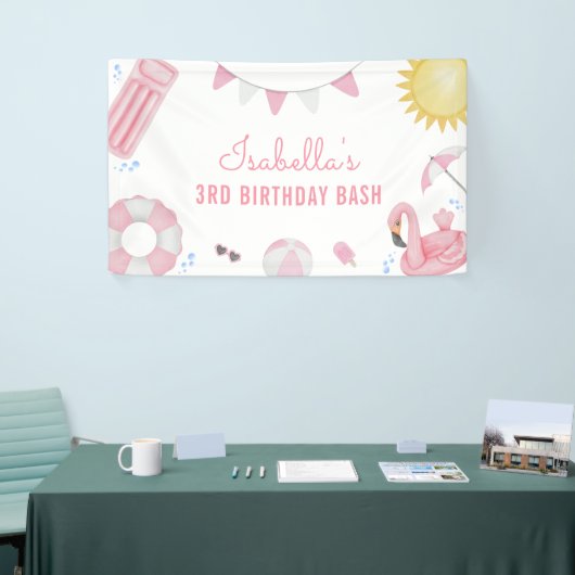 Meisje Roze Zomer Pool Party Verjaardag Banner (Beurs)