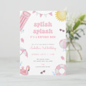 Meisje Roze Zomer Zwembad Party Verjaardag Uitnodi Kaart (Staand voorkant)