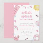 Meisje Roze Zomer Zwembad Party Verjaardag Uitnodi Kaart (Voorkant / Achterkant)