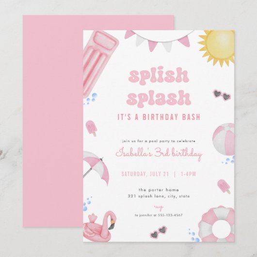 Meisje Roze Zomer Zwembad Party Verjaardag Uitnodi Kaart (Voorkant / Achterkant)