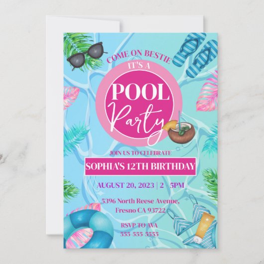 Meisje Roze Zwembad Party Tropische Verjaardag Mei Kaart (Voorkant)