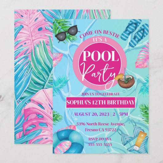 Meisje Roze Zwembad Party Tropische Verjaardag Mei Kaart (Voorkant / Achterkant)