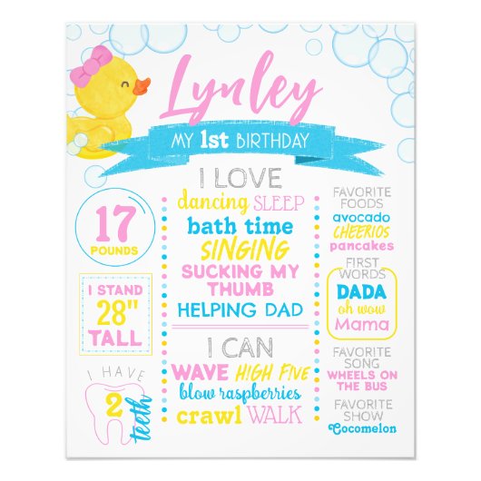 Meisje Rubber Duck 1e Verjaardag Milestone Poster (Voorkant)