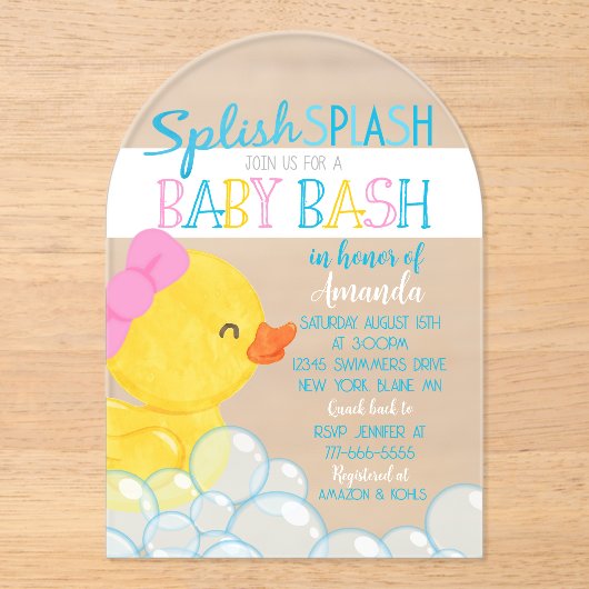 Meisje Rubber Ducky Baby shower Acryluitnodiging Acryl Uitnodigingen (Voorkant)