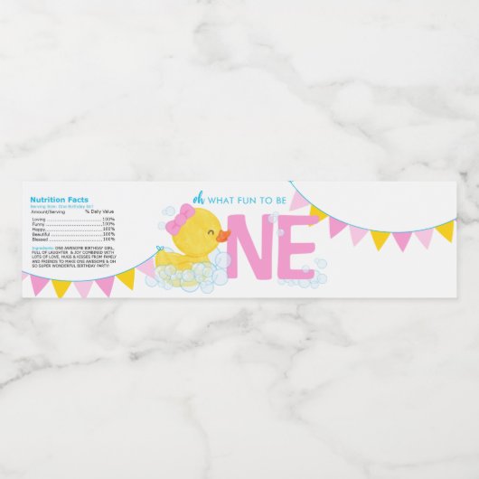 Meisje Rubber Eend 1e Verjaardag Voeding Feiten Te Waterfles Etiket (Enkel label)