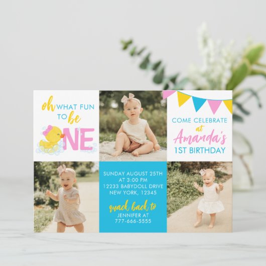 Meisje Rubber Eend 3 Foto Verjaardag Uitnodiging (Staand voorkant)