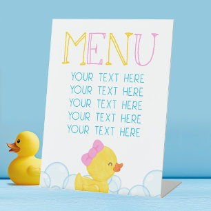 Meisje Rubber Eend Verjaardag of Baby shower Menu Reclamebord Met Voetstuk