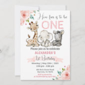 Meisje Safari Baby Dieren 1e verjaardag Uitnodigin Kaart (Voorkant)