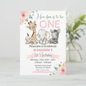 Meisje Safari Baby Dieren 1e verjaardag Uitnodigin Kaart (Staand voorkant)