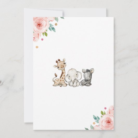 Meisje Safari Baby Dieren 1e verjaardag Uitnodigin Kaart (Achterkant)