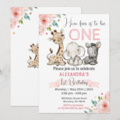 Meisje Safari Baby Dieren 1e verjaardag Uitnodigin Kaart (Voorkant / Achterkant)