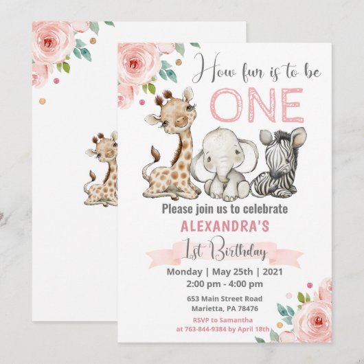 Meisje Safari Baby Dieren 1e verjaardag Uitnodigin Kaart (Voorkant / Achterkant)