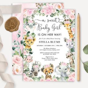Meisje Safari Baby Shower Uitnodiging, Wilde Jungl Kaart