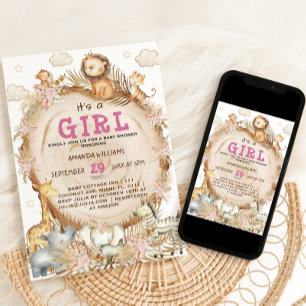 Meisje Safari Dieren Roze Baby Shower Kaart
