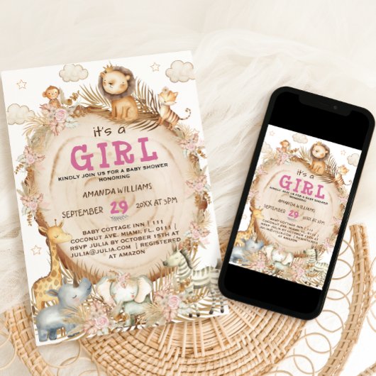 Meisje Safari Dieren Roze Baby shower Kaart