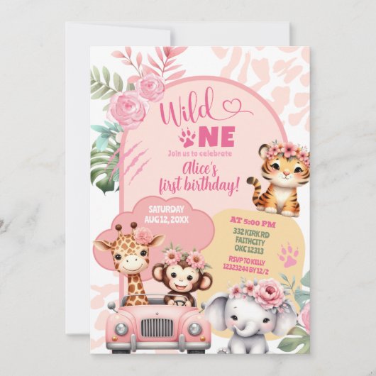 Meisje Safari Dieren Wild Een Eerste Verjaardag Kaart (Voorkant)