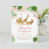 Meisje Safari Roze Gouden Verjaardag Uitnodiging (Staand voorkant)