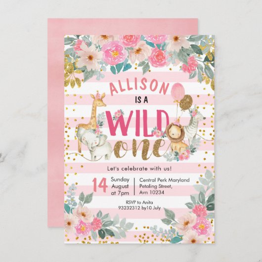 Meisje safari wild een verjaardag uitnodiging (Voorkant / Achterkant)