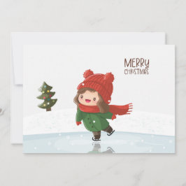 Meisje schaatst op ijs met Kerstmis Feestdagenkaart