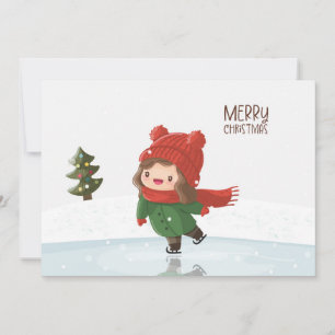 Meisje schaatst op ijs met Kerstmis Feestdagenkaart