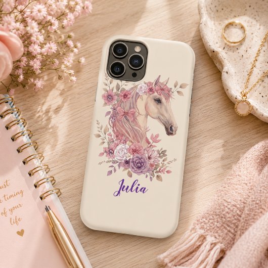 Meisje Schattig Paars Roze Paard Monogram Script N Case-Mate iPhone Case