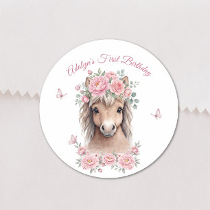 Meisje Schattig Roze Bloem Paard Eerste Verjaardag Ronde Sticker