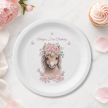 Meisje Schattig Roze Bloemenkleed Paard Eerste Ver