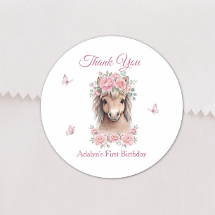 Meisje Schattig Roze Bloemenkleed Paard Eerste Ver Ronde Sticker