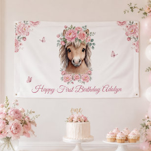Meisje Schattig Roze Bloemenkleed Paard Eerste Ver Spandoek
