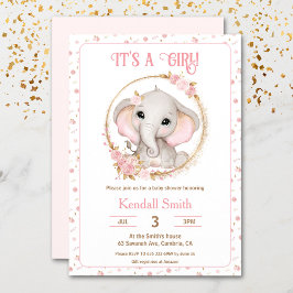 Meisje Schattig Roze Olifant en Bloemen Baby showe Kaart