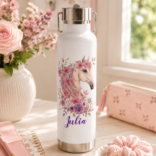 Meisje Schattig Roze Paars Bloem Motief Paard Mono Waterfles