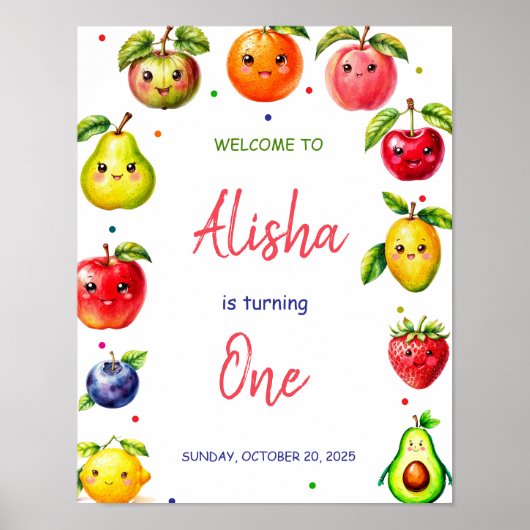 Meisje Schattige Fruit Verjaardag Welkomstbord Poster (Voorkant)