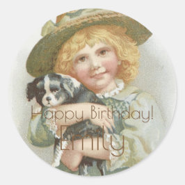  Meisje Schattige Kleine Hond Gelukkige Verjaardag Ronde Sticker