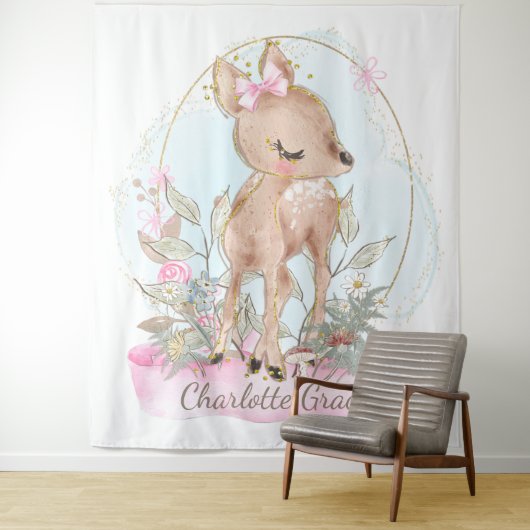Meisje Schattige Little Deer Baby shower Achtergro Wandkleed (In situ)