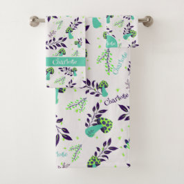 Meisje Schattige Paddenstoelen en Tuin Custom Name Bad Handdoek