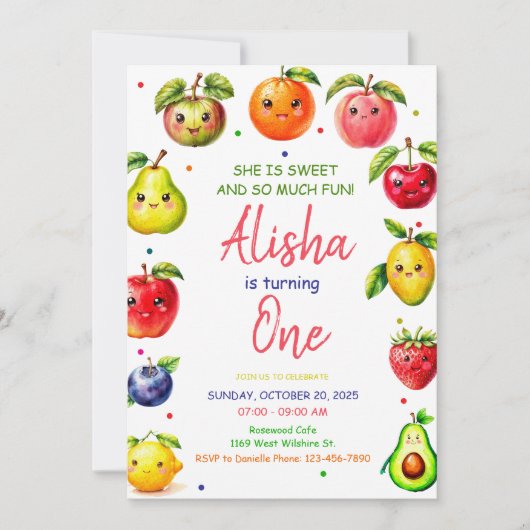Meisje Schattigee Fruit Verjaardagsuitnodiging, Zo Kaart (Voorkant)