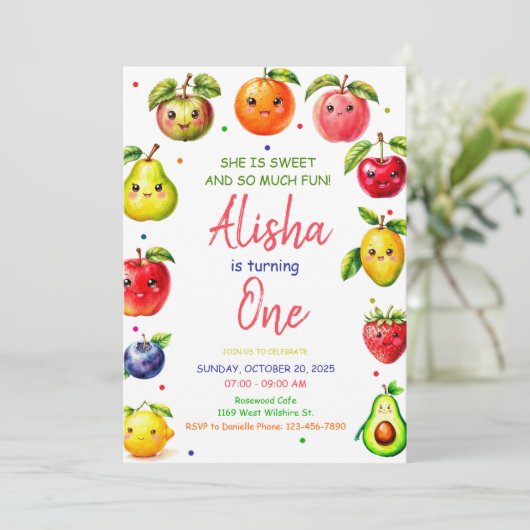 Meisje Schattigee Fruit Verjaardagsuitnodiging, Zo Kaart (Staand voorkant)