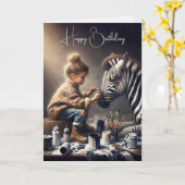 Meisje schilderij strepen op een Zebra verjaardag Kaart (Gele Bloem)