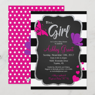 Meisje schoolbord vlinder Baby shower uitnodiging