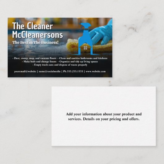 Meisje schoonmaken van de keuken teller | Spray Lo Visitekaartje (Voorkant / Achterkant)