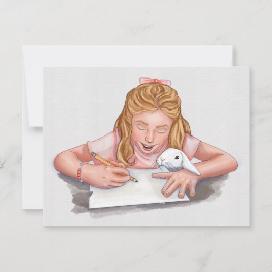 Meisje schrijven met huisdier konijn eten papier / (Voorkant)