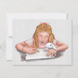 Meisje schrijven met huisdier konijn eten papier /