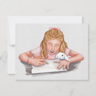 Meisje schrijven met huisdier konijn eten papier /