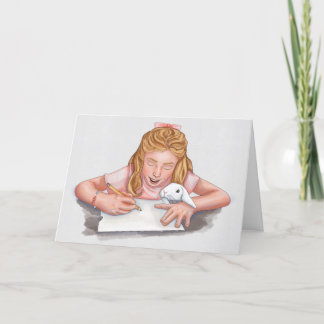 Meisje schrijven met huisdier konijn eten papier / bedankkaart