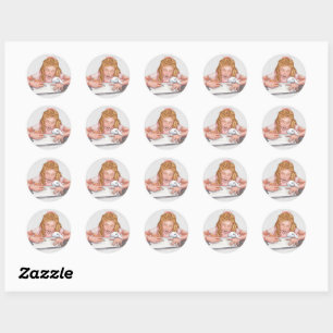 Meisje schrijven met huisdier konijn eten papier / ronde sticker