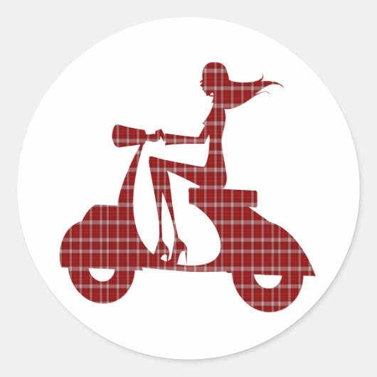 meisje scooter rood wit gingham ronde sticker (Voorkant)